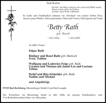 Traueranzeige von Betty Rath von Tageszeitung