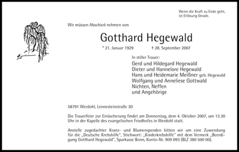  Traueranzeige für Gotthard Hegewald vom 01.10.2007 aus Tageszeitung