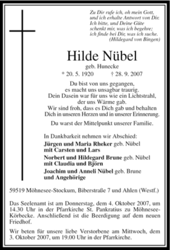 Traueranzeige von Hilde Nübel von Tageszeitung