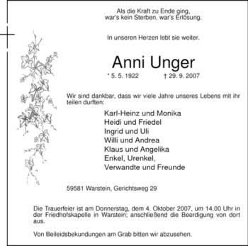 Traueranzeige von Anni Unger von Tageszeitung
