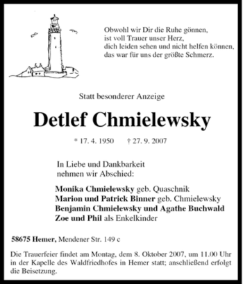 Traueranzeige von Detlef Chmielewsky von Tageszeitung