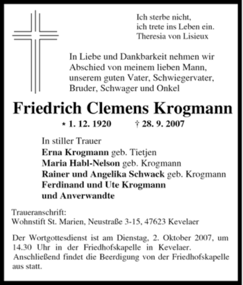 Traueranzeige von Friedrich Clemens Krogmann von Tageszeitung
