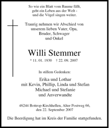 Traueranzeige von Willi Stemmer von Tageszeitung