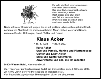 Traueranzeige von Klaus Acker von Tageszeitung