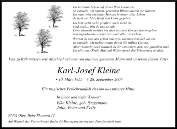 Traueranzeige von Karl-Josef Kleine von Tageszeitung