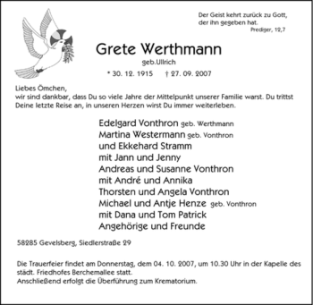 Traueranzeige von Grete Werthmann von Tageszeitung
