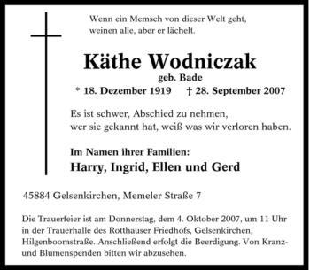 Traueranzeige von Käthe Wodniczak von Tageszeitung