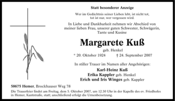 Traueranzeige von Margarete Kuß von Tageszeitung