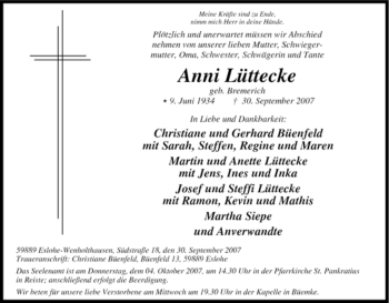 Traueranzeige von Anni Lüttecke von Tageszeitung