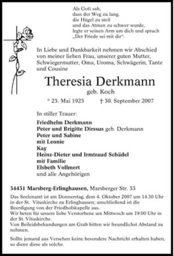 Traueranzeige von Theresia Derkmann von Tageszeitung