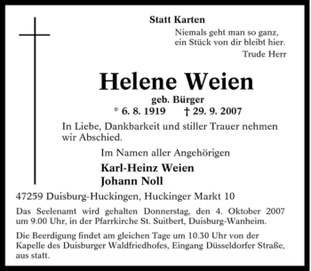 Traueranzeige von Helene Weien von Tageszeitung