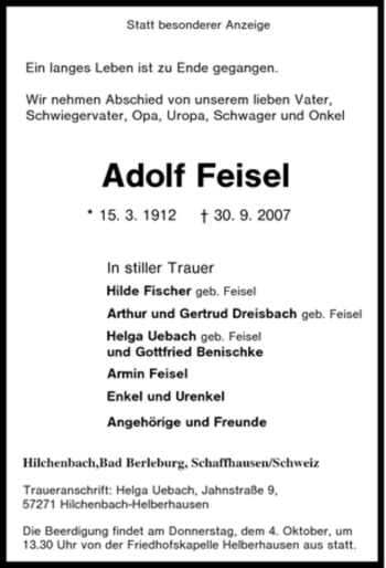 Traueranzeige von Adolf Feisel von Tageszeitung