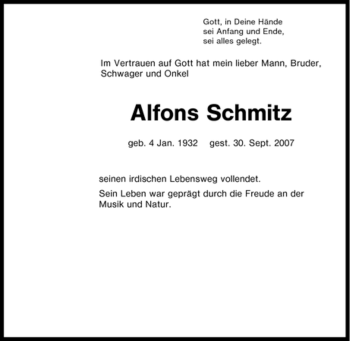 Traueranzeige von Alfons Schmitz Schmitz von Tageszeitung