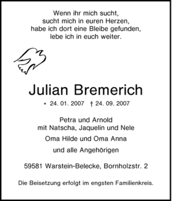 Traueranzeige von Julian Bremerich von Tageszeitung