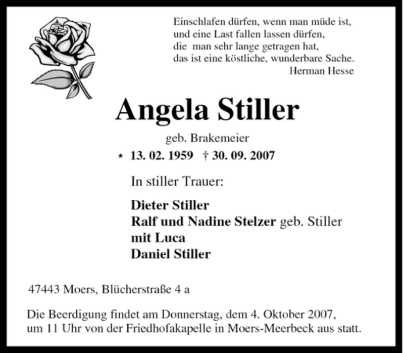 Traueranzeige für Angela Stiller vom 02.10.2007 aus Tageszeitung