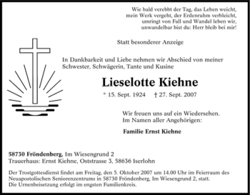 Traueranzeige von Lieselotte Kiehne von Tageszeitung