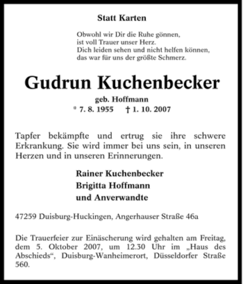 Traueranzeige von Gudrun Kuchenbecker von Tageszeitung