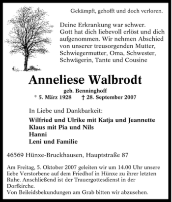 Traueranzeige von Anneliese Walbrodt von Tageszeitung