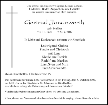 Traueranzeige von Gertrud Jandewerth von Tageszeitung