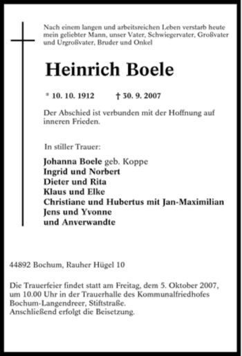 Traueranzeige von Heinrich Boele von Tageszeitung