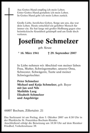 Traueranzeige von Josefine Schmelzer von Tageszeitung