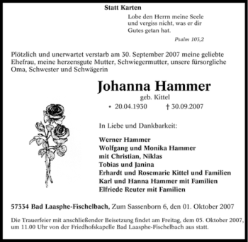 Traueranzeige von Johanna Hammer von Tageszeitung