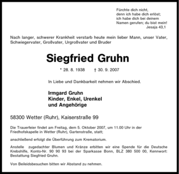 Traueranzeige von Siegfried Gruhn von Tageszeitung