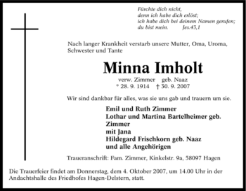 Traueranzeige von Minna Imholt von Tageszeitung