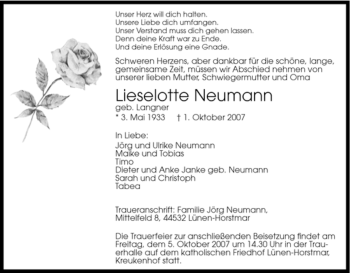 Traueranzeige von Lieselotte Neumann von Tageszeitung