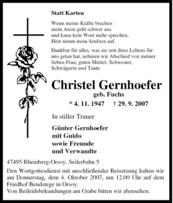 Traueranzeige von Christel Gernhoefer von Tageszeitung