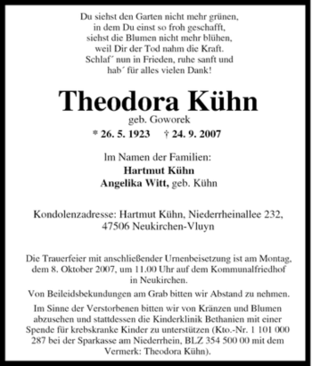 Traueranzeige von Theodora Kühn von Tageszeitung