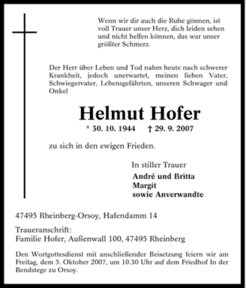 Traueranzeige von Helmut Hofer von Tageszeitung
