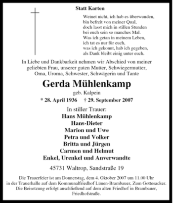 Traueranzeige von Gerda Mühlenkamp von Tageszeitung
