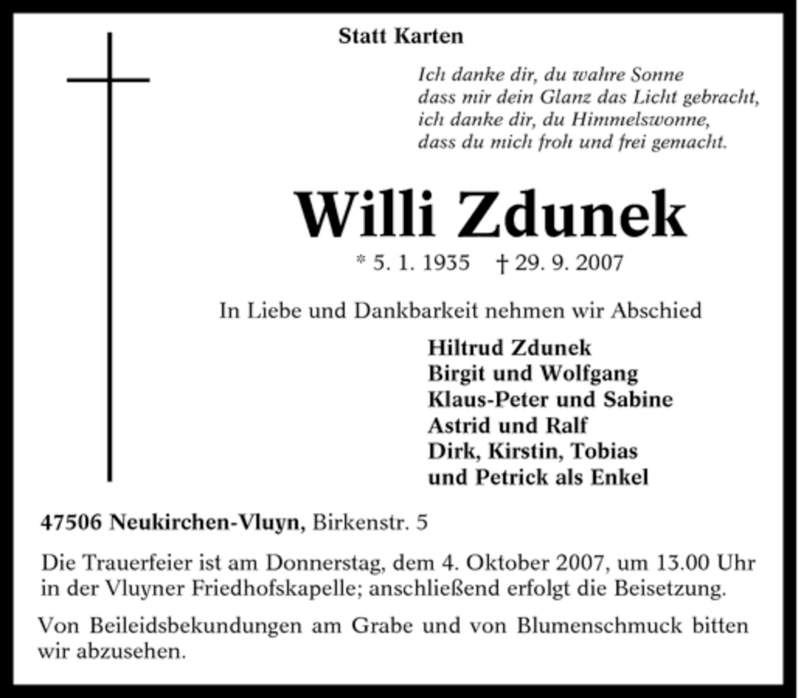  Traueranzeige für Willi Zdunek vom 02.10.2007 aus Tageszeitung