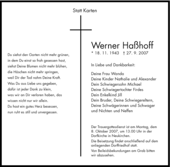 Traueranzeige von Werner Haßhoff von Tageszeitung