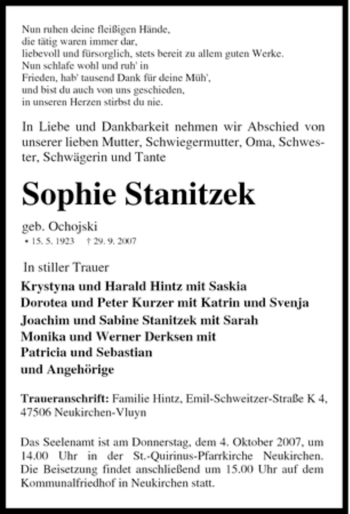 Traueranzeige von Sophie Stanitzek von Tageszeitung