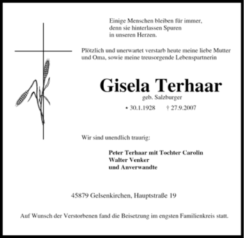 Traueranzeige von Gisela Terhaar von Tageszeitung