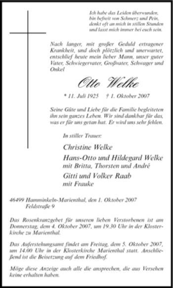 Traueranzeige von Otto Welke von Tageszeitung