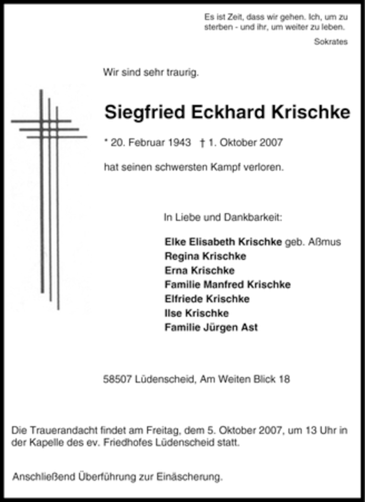  Traueranzeige für Siegfried Eckhard Krischke vom 03.10.2007 aus Tageszeitung
