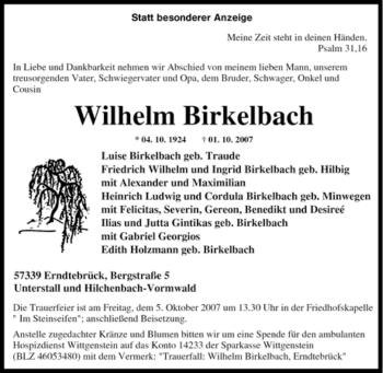 Traueranzeige von Wilhelm Birkelbach von Tageszeitung