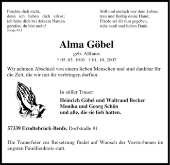 Traueranzeige von Alma Göbel von Tageszeitung