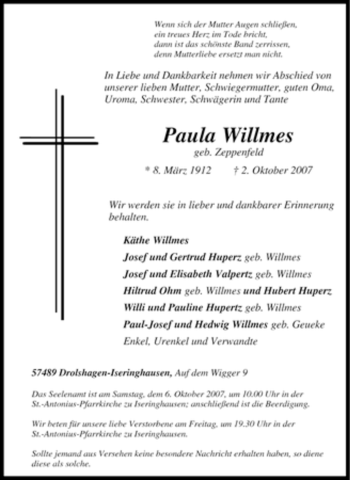 Traueranzeige von Paula Willmes von Tageszeitung