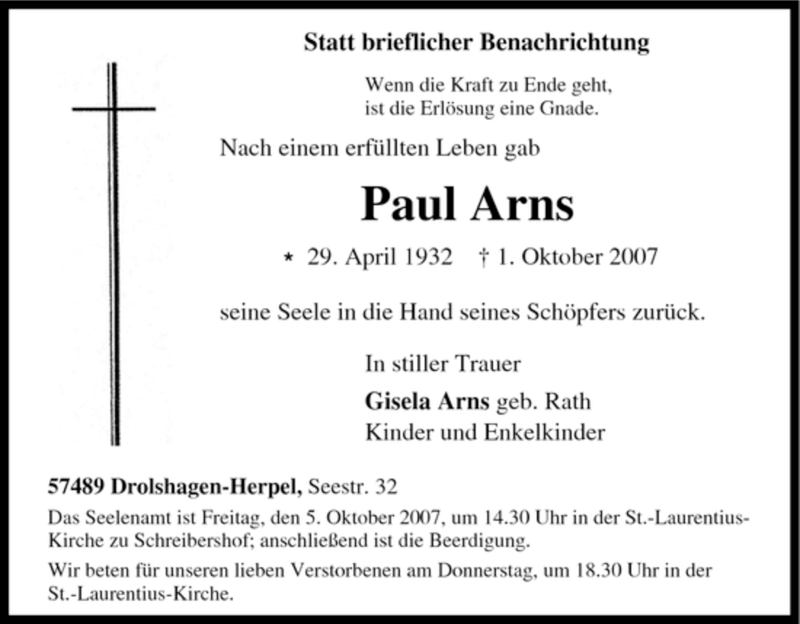  Traueranzeige für Paul Arns vom 03.10.2007 aus Tageszeitung