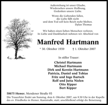 Traueranzeige von Manfred Hartmann von Tageszeitung