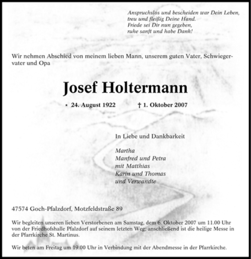  Traueranzeige für Josef Holtermann vom 03.10.2007 aus Tageszeitung