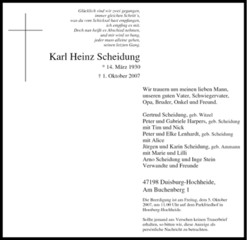 Traueranzeige von Karl Heinz Scheidung von Tageszeitung
