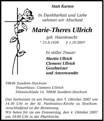 Traueranzeige von Marie-Theres Ullrich von Tageszeitung