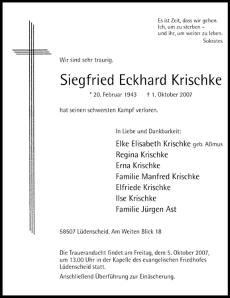  Traueranzeige für Siegfried Eckhard Krischke vom 03.10.2007 aus Tageszeitung