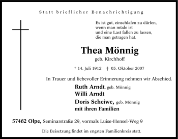 Traueranzeige von Thea Mönnig von Tageszeitung