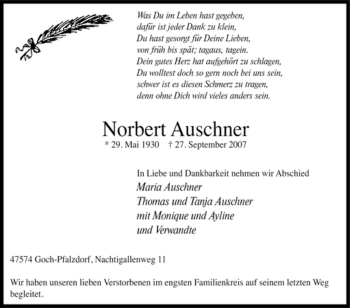 Traueranzeige von Norbert Auschner von Tageszeitung